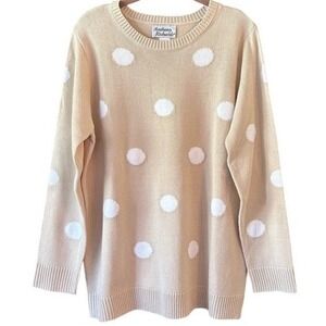Anthony Richards Tan White Polka Dot Knit Sweater‎ Long Sleeve Crew Neck Size PL